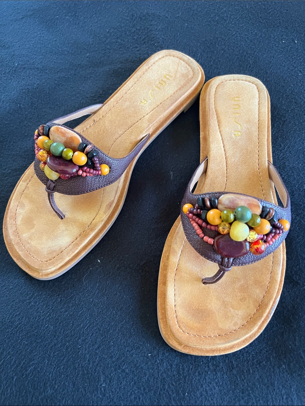 Unisa Brown Beaded Women’s Thong Sandals with Multicolor Accents